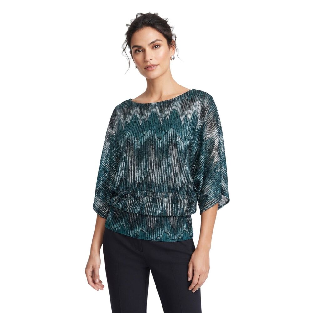 Body Central Geometric Print Knit Top Women's Size 12 Blue/Black/White